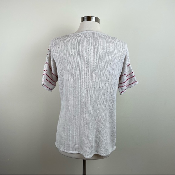 Per Se By Carlisle Linen Blend Cream White Red Stripe Short Sleeve Top Women - Picture 4 of 5